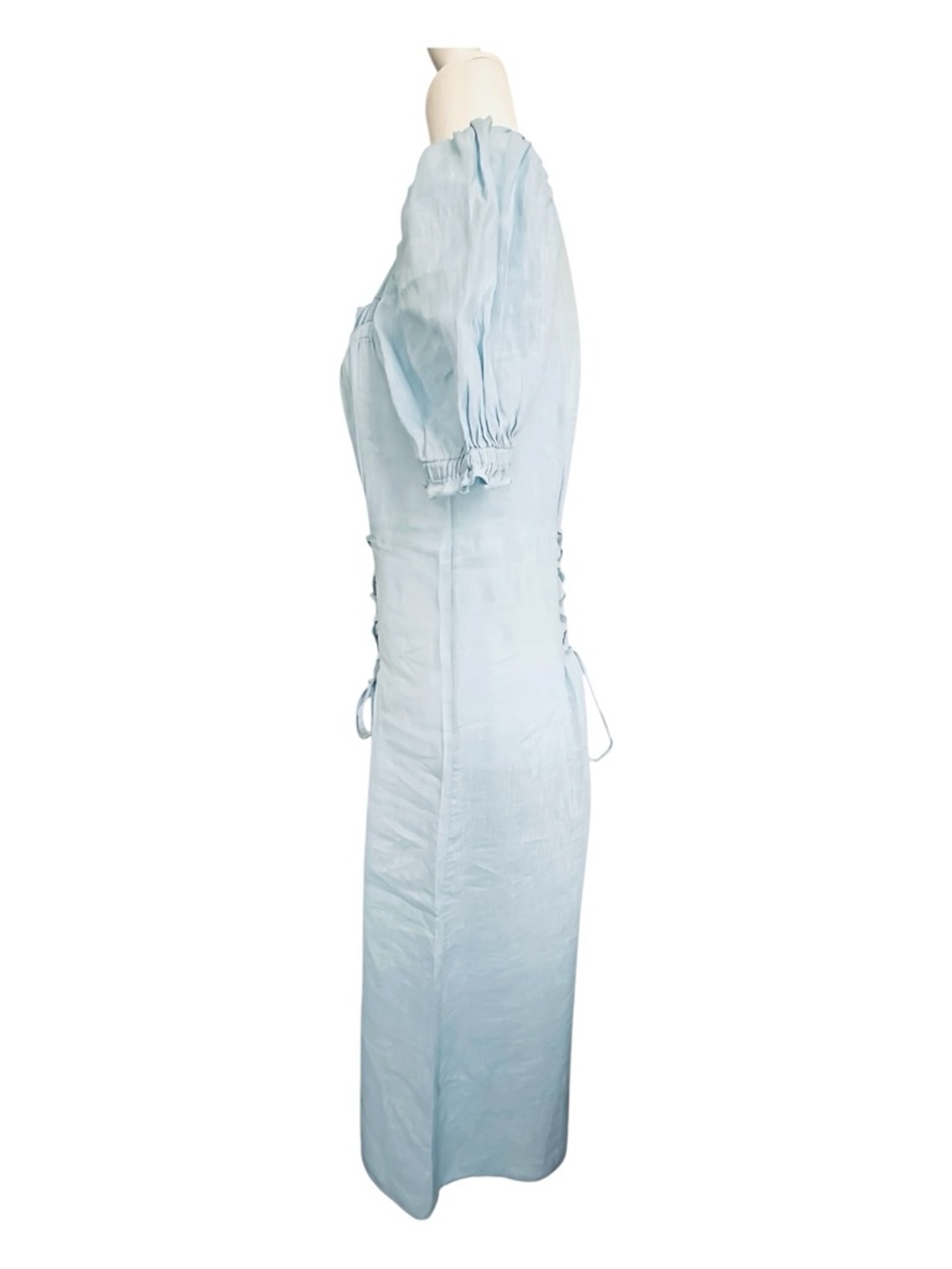 Sleeper Marquise Lace-Up Linen Midi Dress Blue Puff Sleeve Corset Cottagecore M - Picture 6 of 12